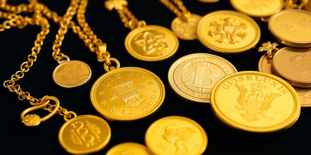 Coins et bijoux en or sur un tissu en velours.
