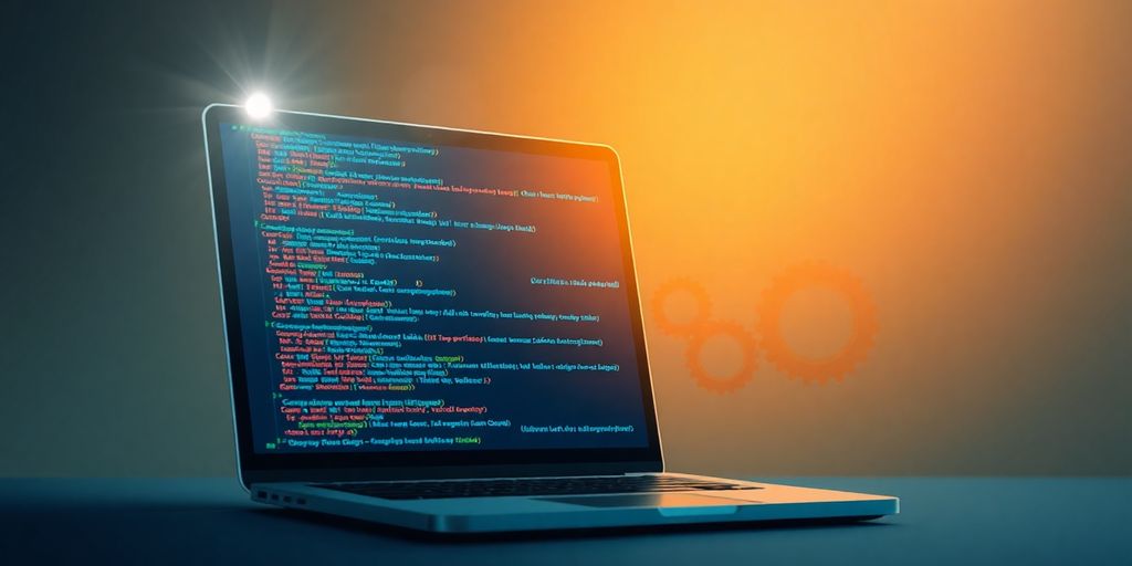 Laptop displaying code, gears turning, light rays.