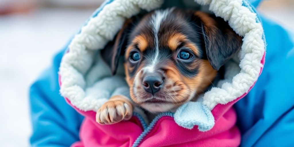 Puppy wearing a warm fleece-lined coat.