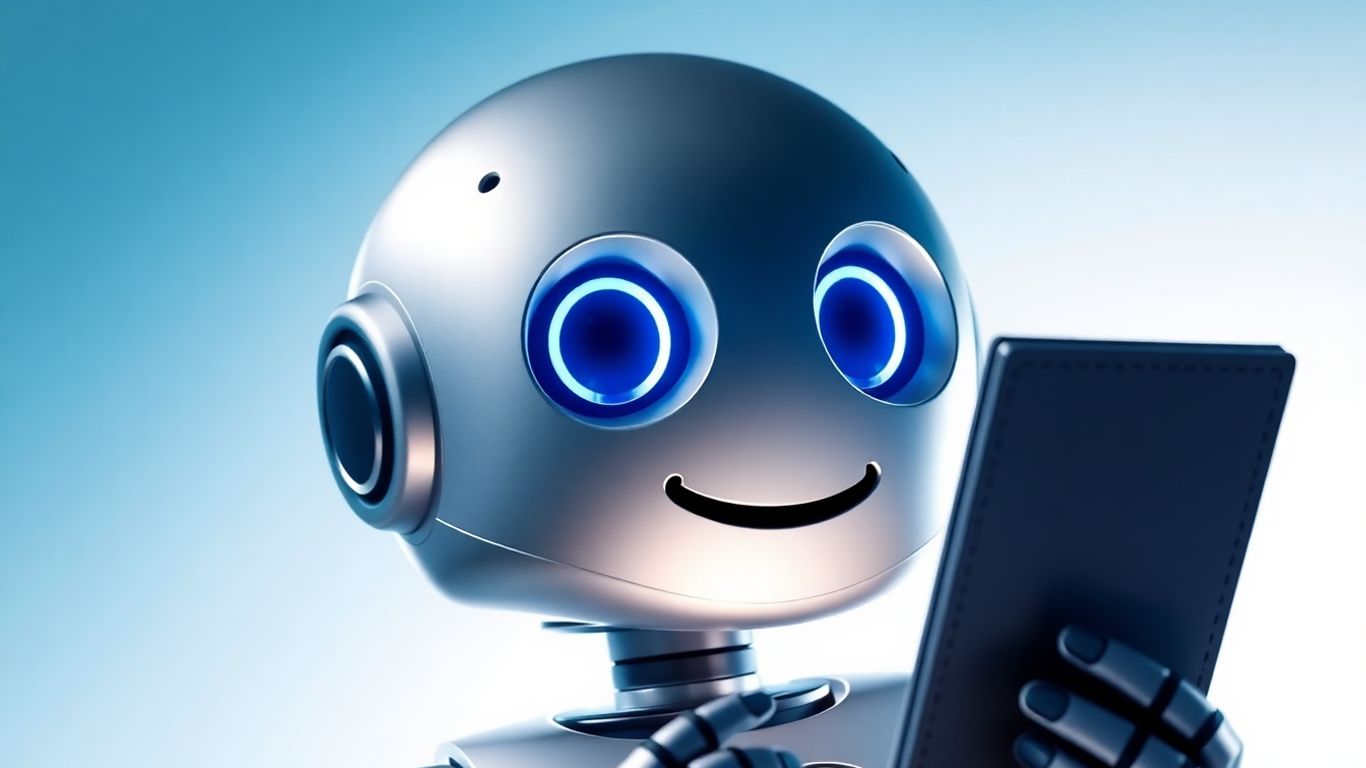 Friendly robot holding an electronic notebook with a warm smile.