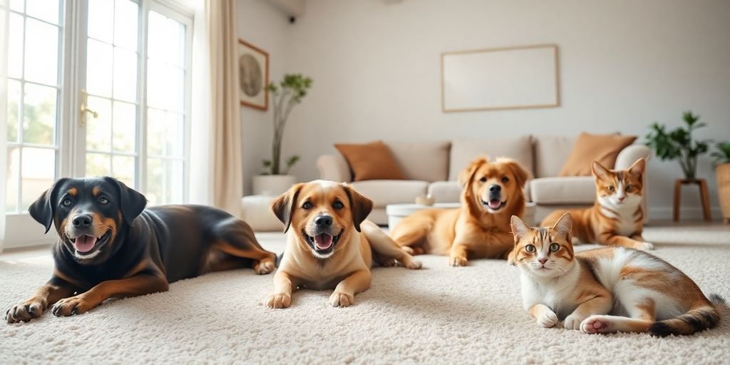 Cozy living room with happy pets on durable carpet.
