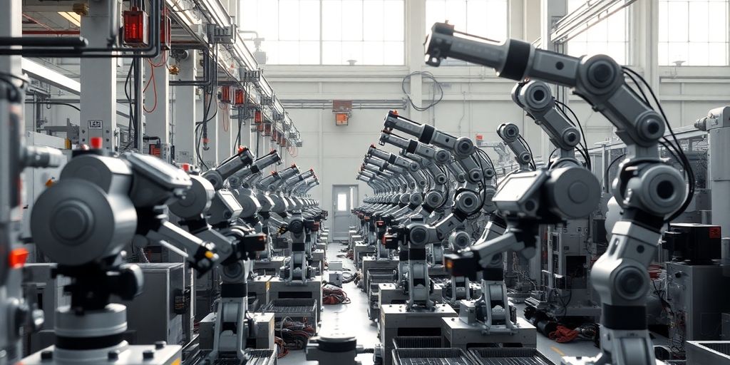 Robots working efficiently in a modern factory setting.