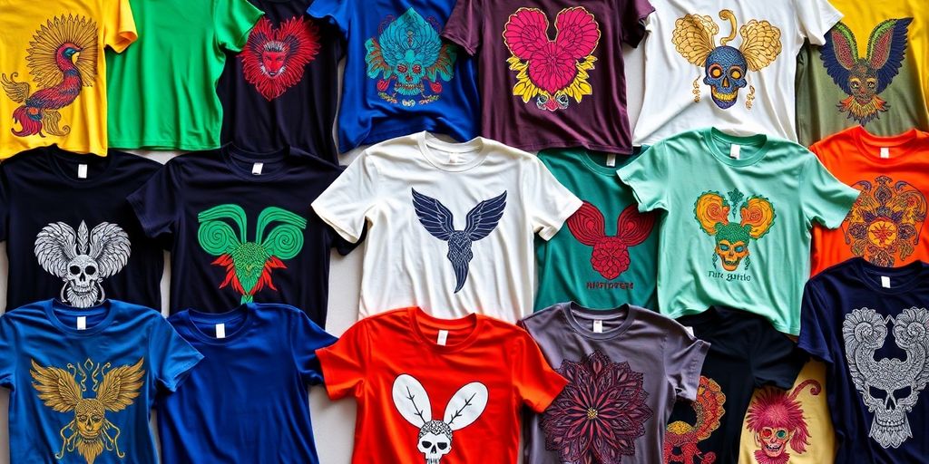 Colorful T-shirts with unique designs on display.
