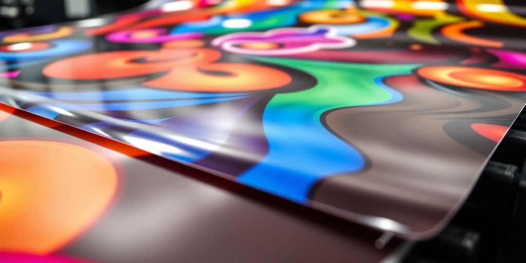 Vibrant vinyl banners in a print shop.