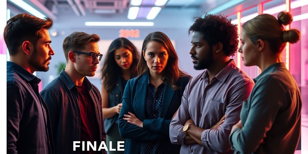 Characters in a tense moment in a futuristic office.