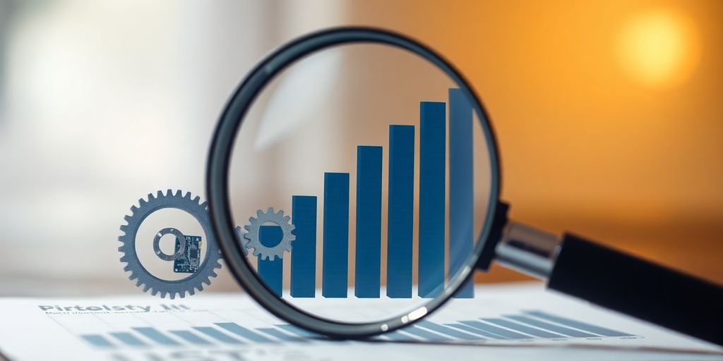 Magnifying glass over rising bar chart, gears, circuit board.