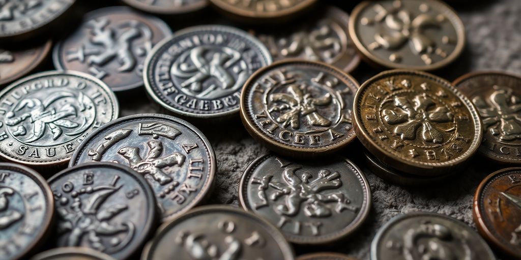 Close-up of ancient coins with detailed engravings.