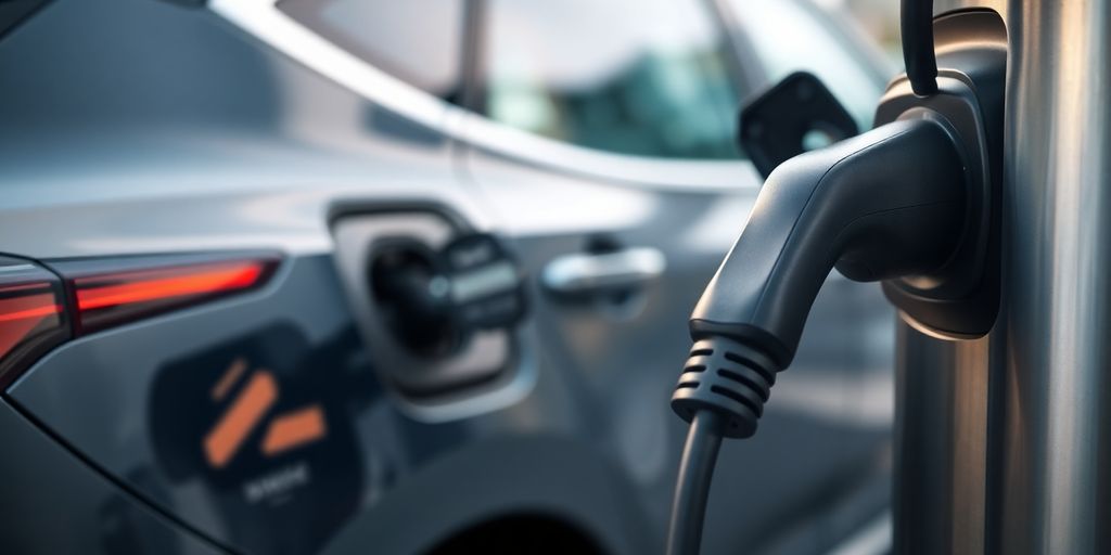 Electric vehicle charging station with a car plugged in.