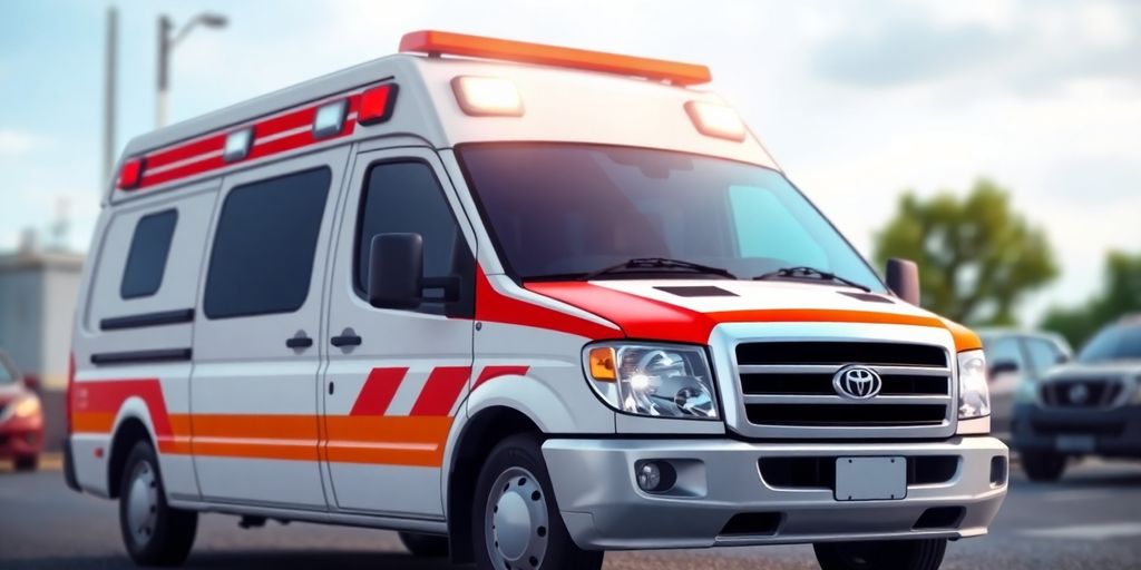 Ambulance parked with lights on, front view.