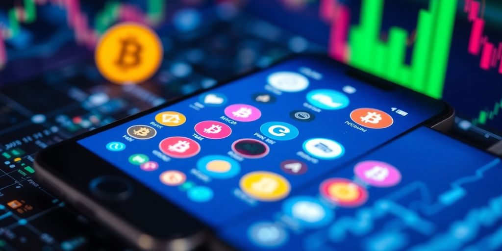 Smartphone with cryptocurrency icons on a vibrant background.