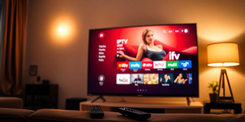 تلفزيون ذكي يعرض واجهة IPTV في غرفة معيشة