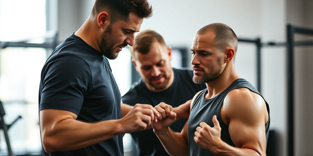 Un coach sportif guidant un athlète lors d'un entraînement.