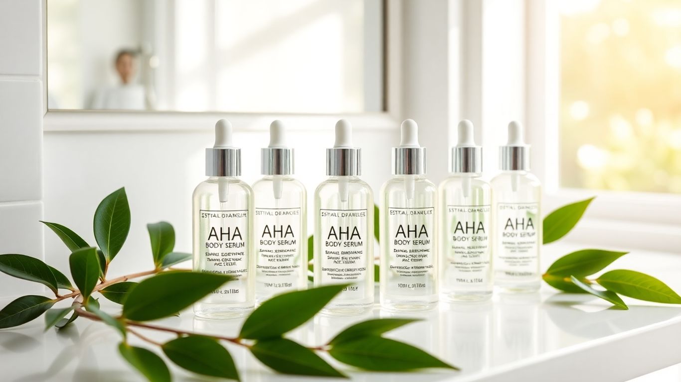 AHA body serum bottles with green leaves and sunlight.