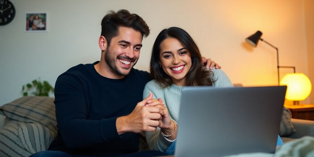 Couple on a video call, smiling and connected.