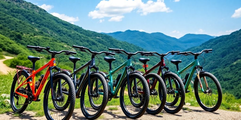 Colorful eco bikes on a mountain trail with greenery.