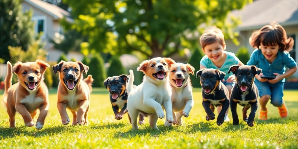 Happy puppies playing outdoors with children.