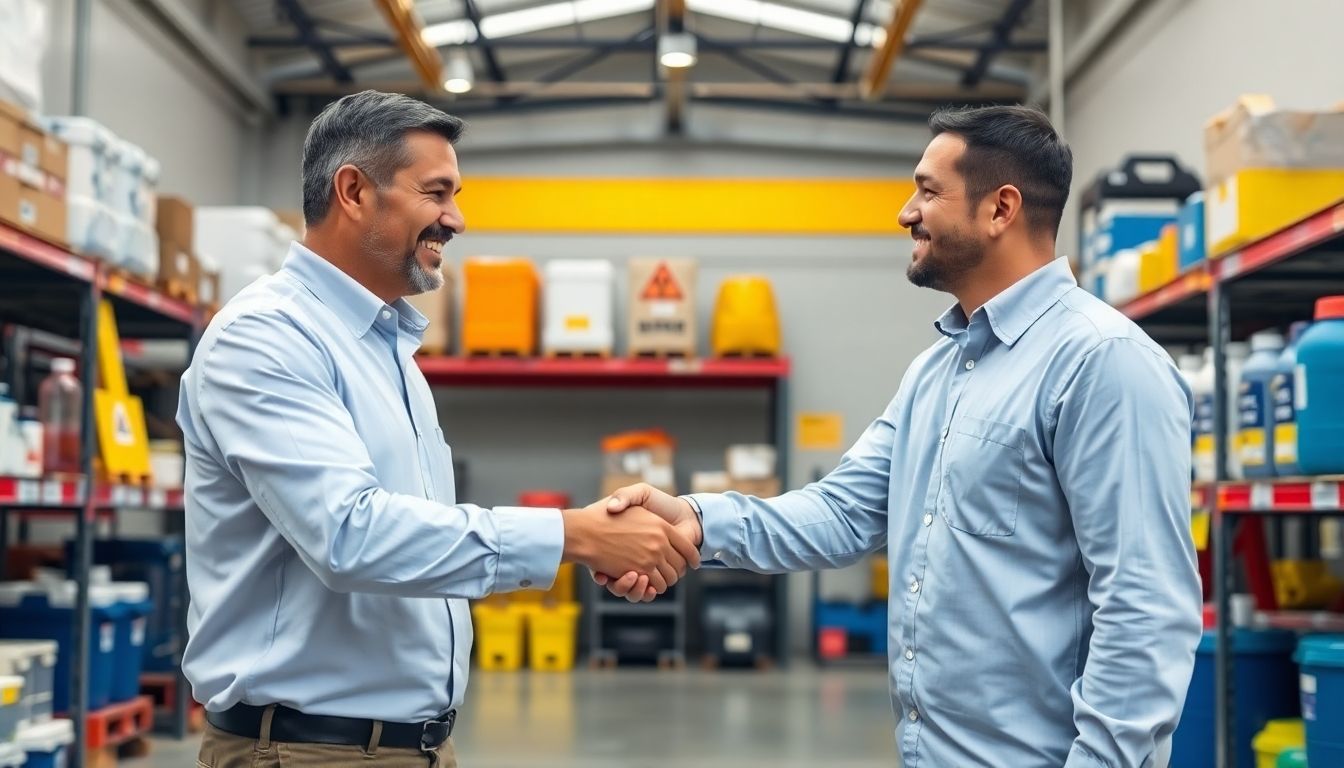 Two men shaking hands inside a hazmat warehouse.