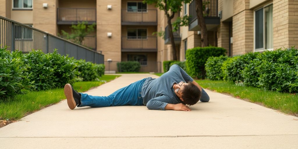 Injured person lying on apartment complex walkway.