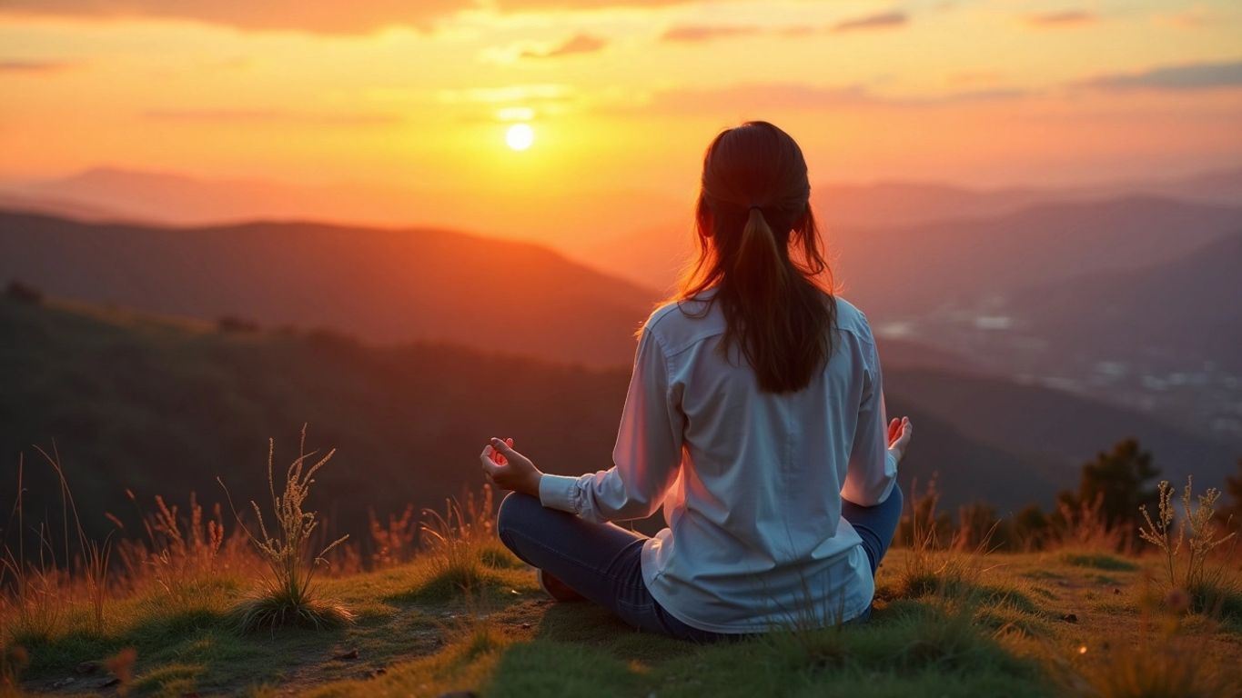 Person meditating on a grassy hill at sunset.
