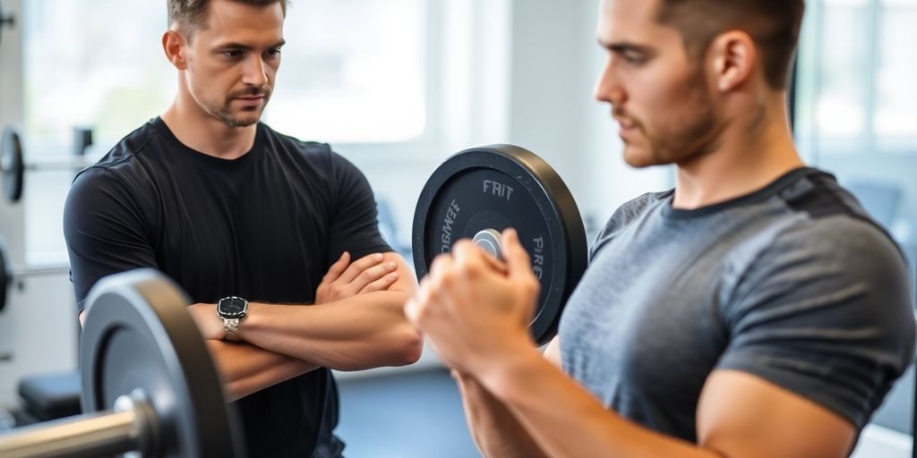 Coach observant un athlète soulevant une barre d'haltères.