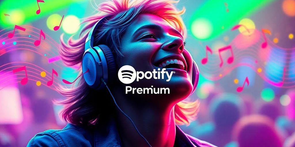 Person enjoying music with headphones and colorful sound waves.