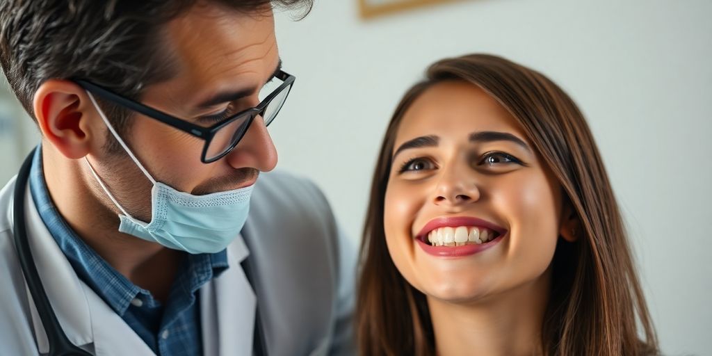 Orthodontist near unhappy patient with crooked teeth.