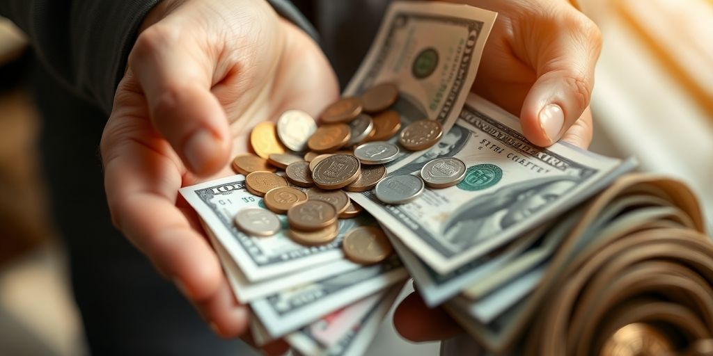 Person reviewing bills and coins.