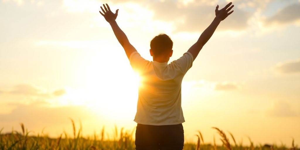 Person standing triumphantly with arms raised at sunrise.