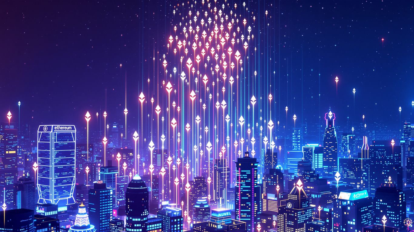 Ethereum logos ascending in a digital cityscape.