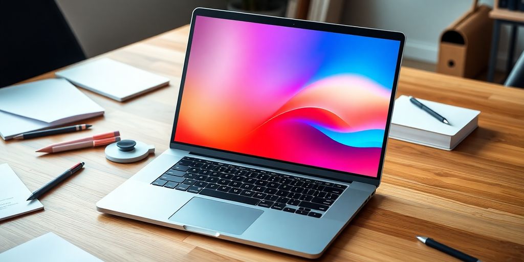 كمبيوتر محمول حديث على طاولة خشبية