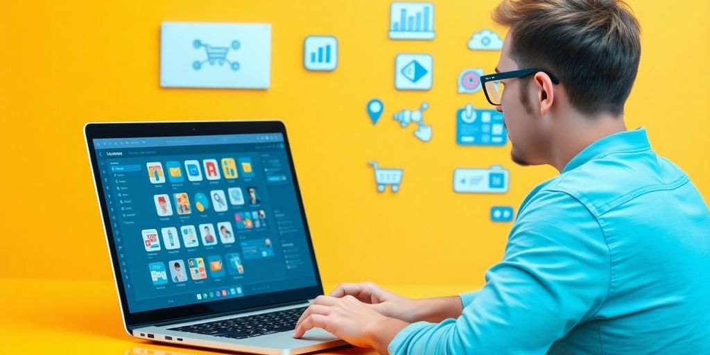 User interacting with BigCommerce control panel on laptop.