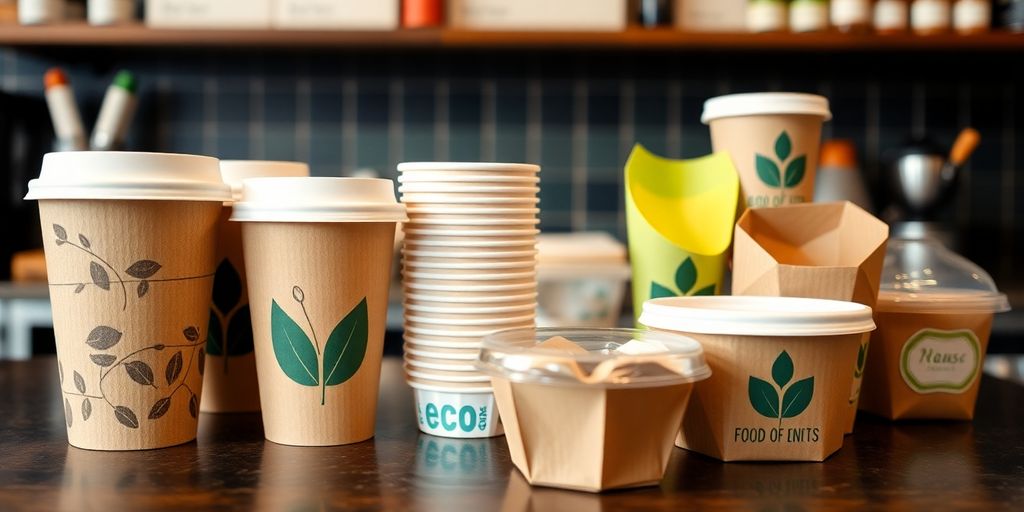 Café counter with compostable food packaging.