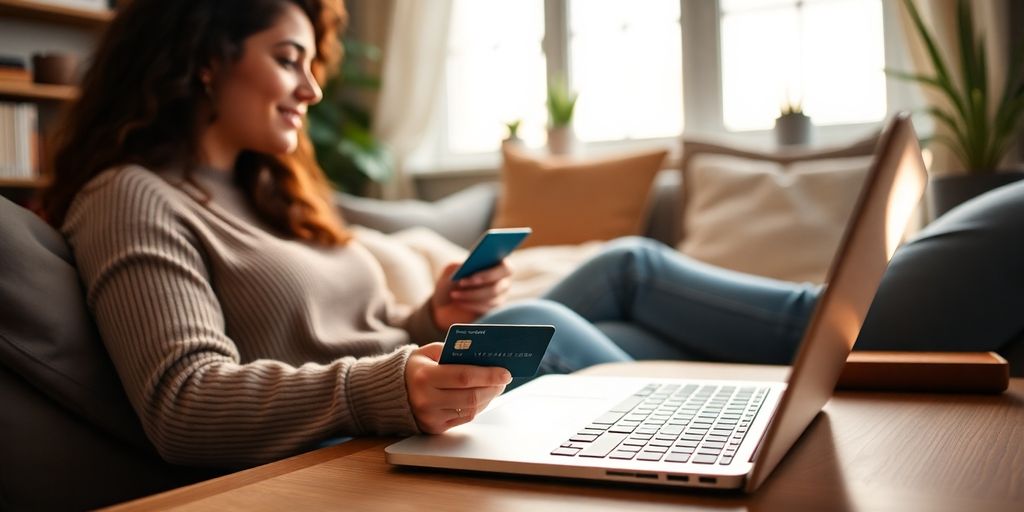 Person managing credit card payments at home.