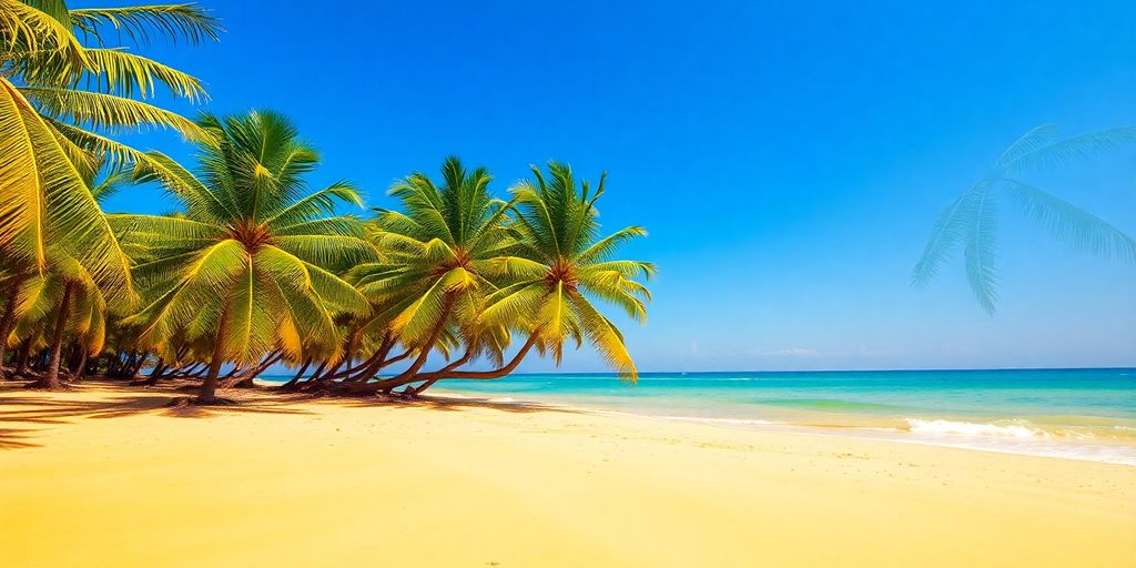 Sunny beach with palm trees and calm ocean.