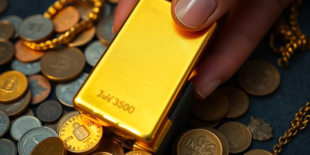 Une personne tient une barre d'or brillante.
