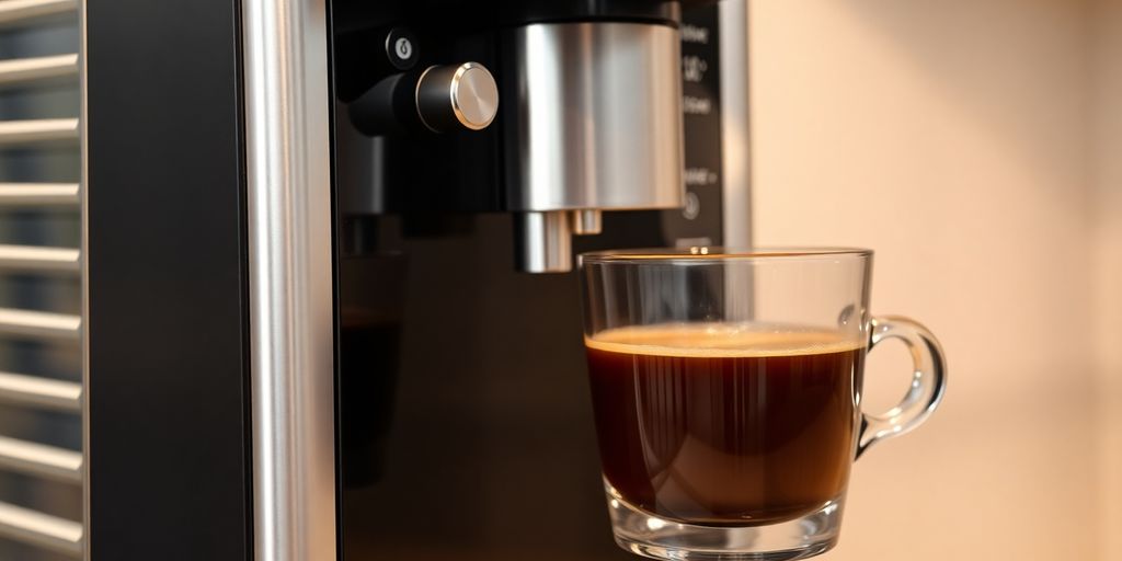 Close-up of an Americano machine with coffee cup.