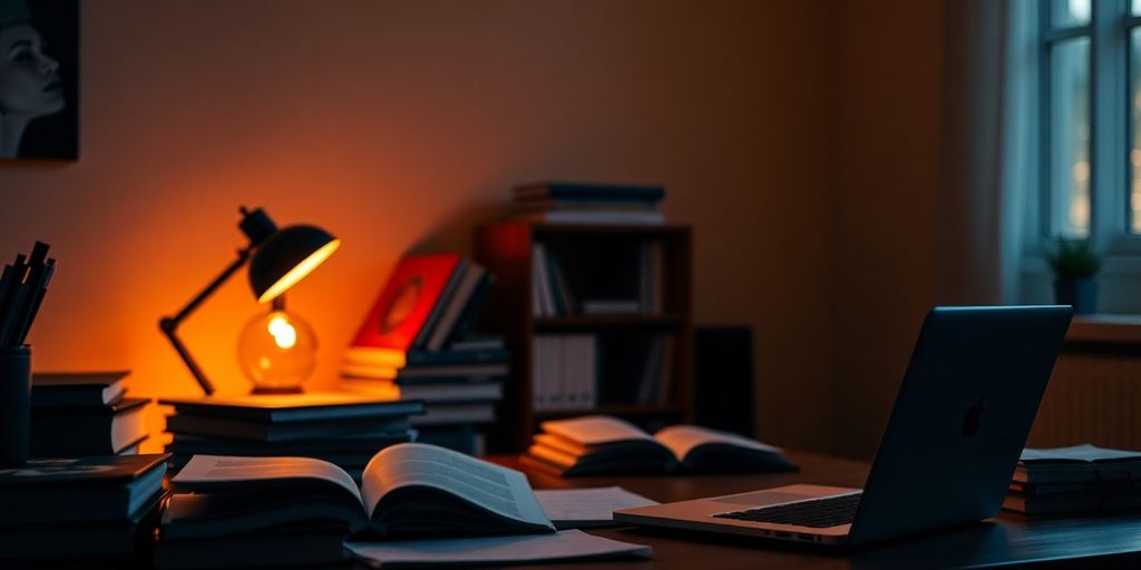 A cozy study area with warm lighting and books.