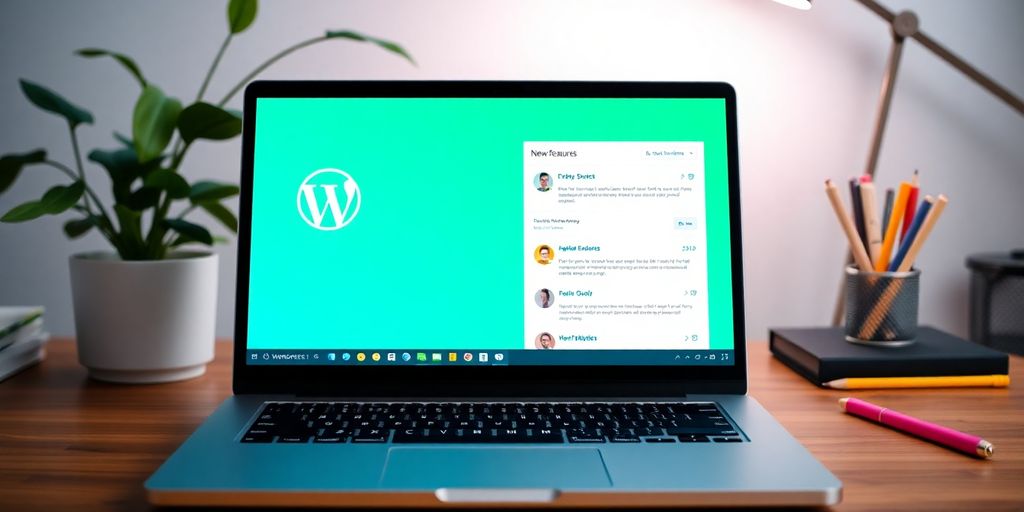 Modern laptop with WordPress dashboard in a creative workspace.