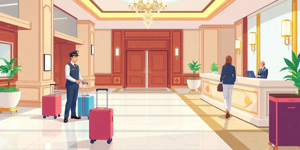 Hotel lobby, bellhop, front desk, and guest.