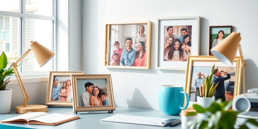 Colorful personal photos displayed on a stylish desk.