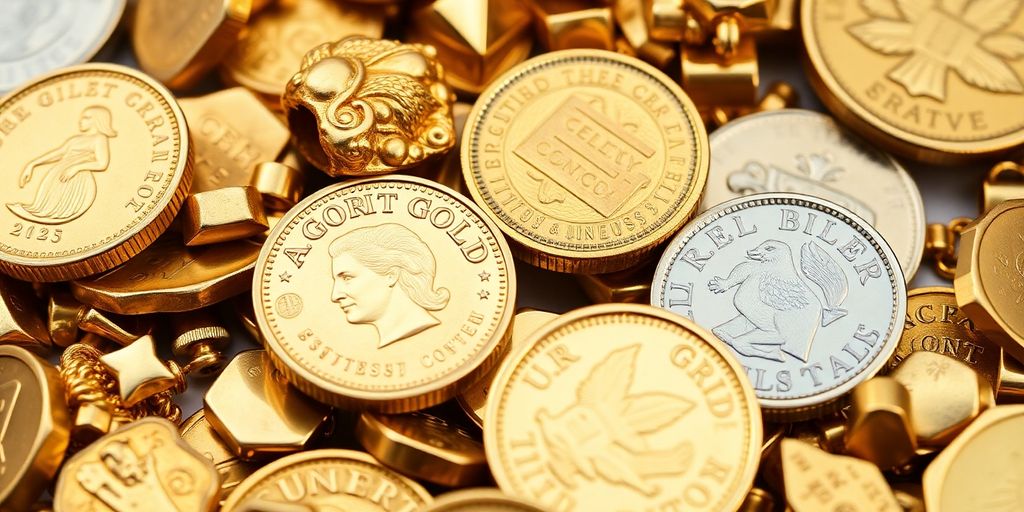 Photographic image of gold coins and scrap gold pieces.