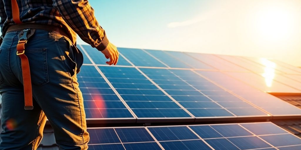Rooftop solar panels reflecting morning sunlight under clear blue sky