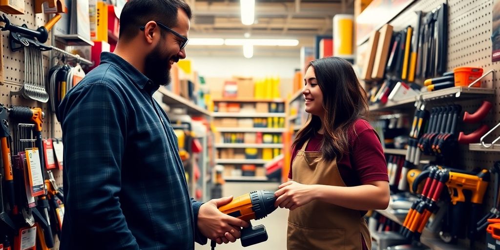 Smiling hardware store owner helping customer.