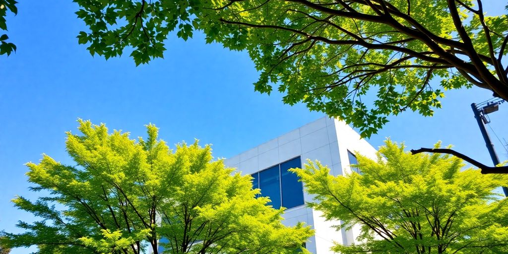 Modern office building, green trees, clear sky