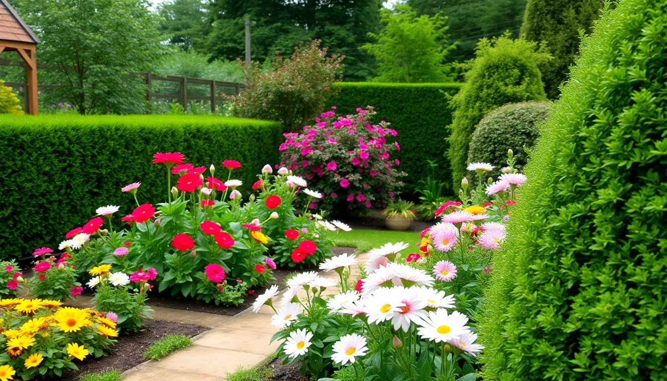 Well-maintained garden with flowers and trimmed hedges.