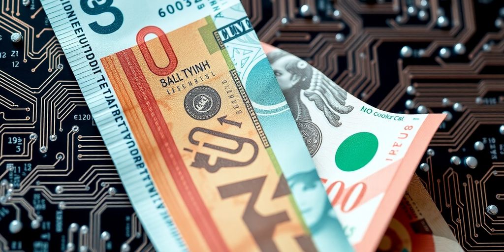 Billets de banque modernes et circuits imprimés en arrière-plan.
