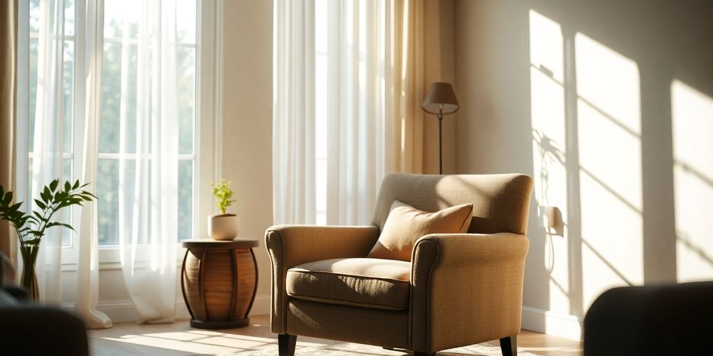 Warm light illuminating a stylish living room interior.