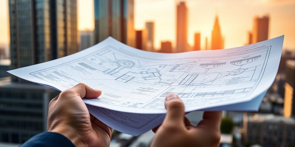 Entrepreneur with blueprint and city