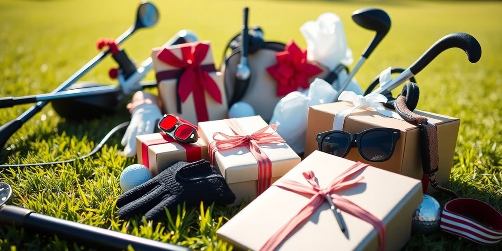 Golf gifts displayed on a green.