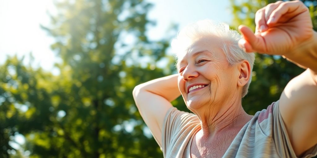 An elderly person exercising outdoors.